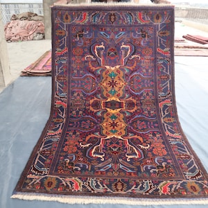 Afghan Vintage Rug 4x7 ft Tribal Handmade Wool Rug, Oriental Balochi Area Rug, Geometric Turkmen Rug Bedroom Rug 120x200 cm Area Rug, Office