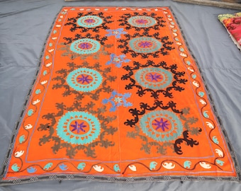 5x2'5 ft Orange Suzani Stickerei Textil, Usbekische Hand gewebte Suzani Tagesdecke, Esstisch Abdeckungen, Antiker Wandteppich, Wand Dekor Nadel Art