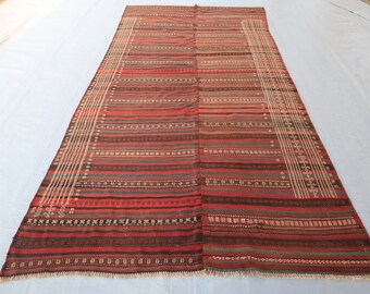 5'3x10'10 ft Vintage Afghan Handwoven Kilim Rug- Kitchen Rug- Vintage Bokhara Rug- Afghan Handmade Rug- Turkmen Tribal Rug, Red Black Orange