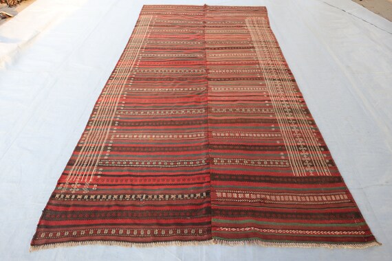 5'3x10'10 ft Vintage Afghan Handwoven Kilim Rug- Kitchen Rug- Vintage Bokhara Rug- Afghan Handmade Rug- Turkmen Tribal Rug, Red Black Orange