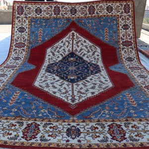 Blue Red Heriz Medallion Area Rug - Afghan Hand knotted Veg Dyes Wool Area Rug - 9&#39;4X11&#39;10 Oriental Bedroom Rug - Rug for Living room Office