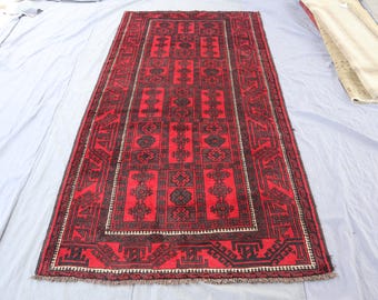 Afghan Antique Rug 4'6x8'5 ft Geometric Baluchi Rug- Turkman Handmade Fine Wool Rug- Terracotta Rug- Antique Trible Area Rug- Bedroom Carpet