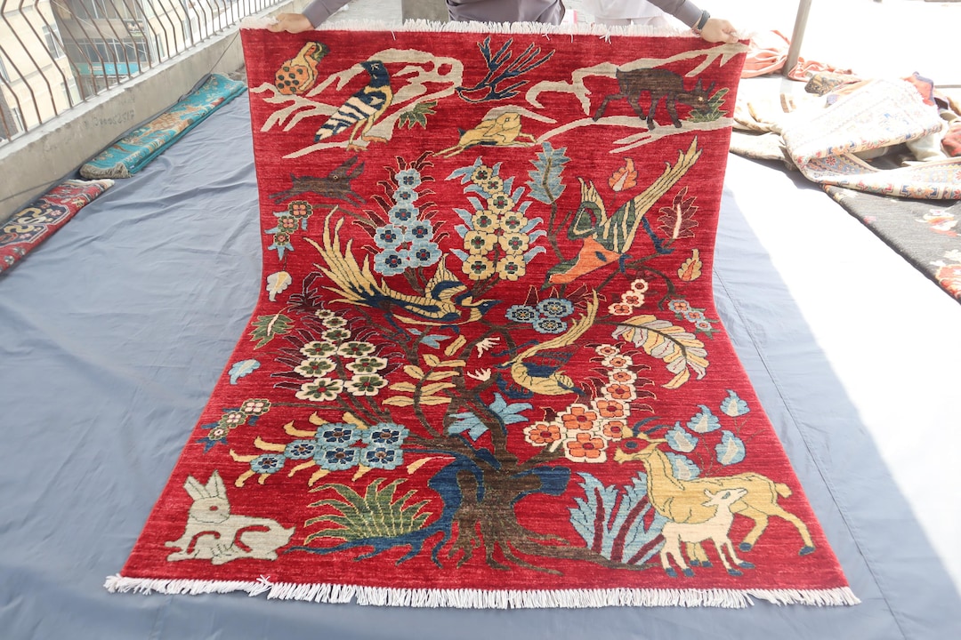 Red Animal Rug 5x7 Ft Red Pictorial Rug/ Handmade Wool Area Rug, Turkmen Gabbeh Rug ...