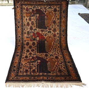 Tappeto pittorico vintage da 4 x 6 piedi, tappeto in morbida lana fatto a mano unico nel suo genere, tappeto per la cameretta dei bambini con motivi pittorici fatti a mano, tappeto Baluchi, tappeto per la cucina