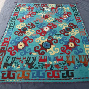 Blue Vintage Tapestry Rug- 5&#39;2x6&#39;4 Afghan Handmade Wool Area Rug- Turkmen Suzani design Uzbekistan Style Embroidery Rug- Home Decoration Rug