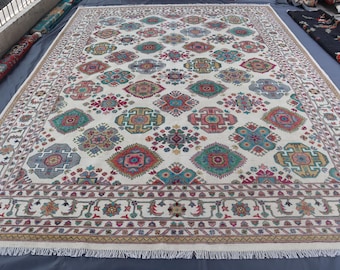 10 x 13 ft Beige Kazak Teppich, Sammlerstück Teppich, Handgeknüpfter Wollteppich Afghan Serapi Teppich Für Wohnzimmer, Schlafzimmer, Esszimmer Teppich