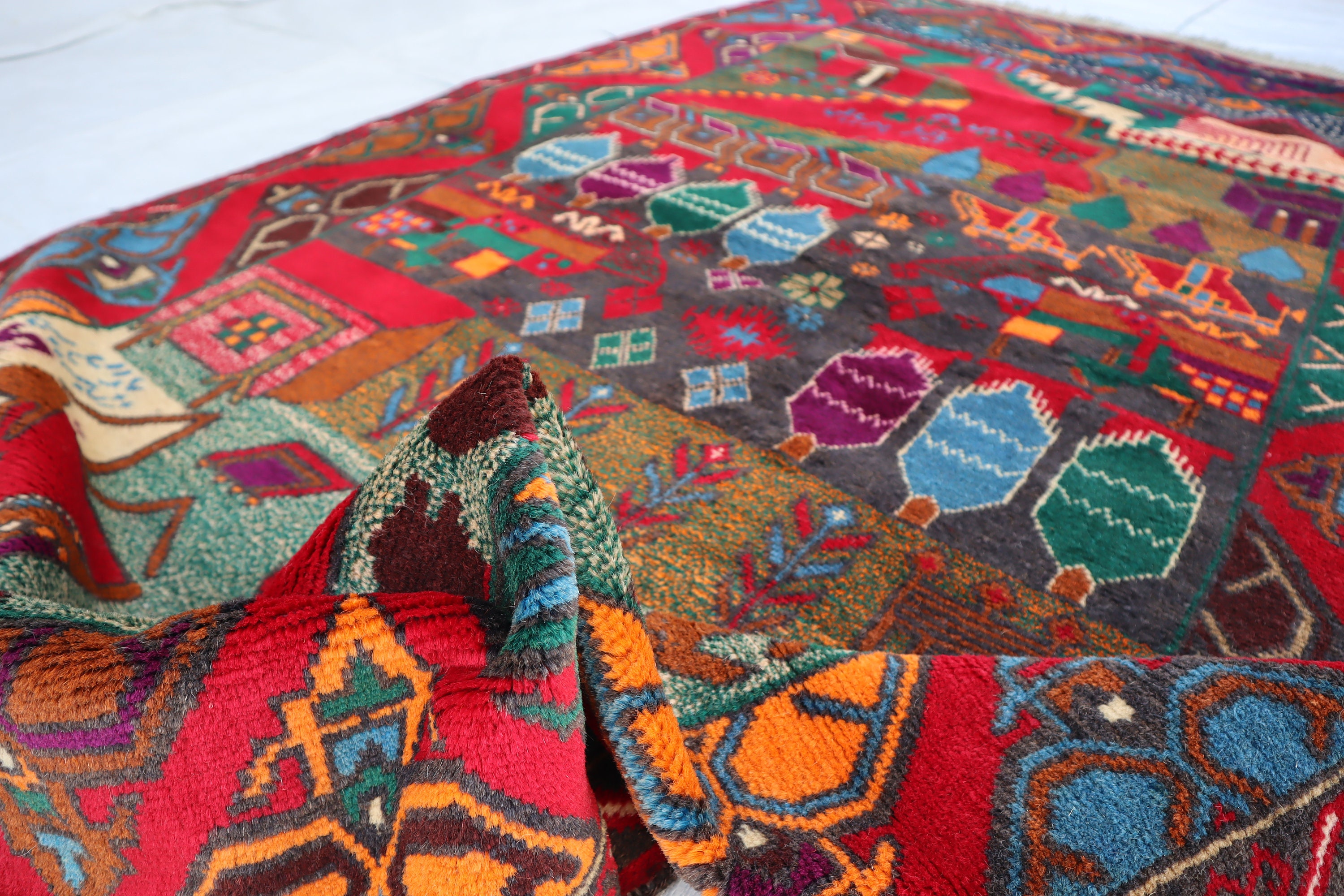 Vintage Pictorial Rug 4x7 Afghan Multi Color Carpet, High Pile Wool Rug ...