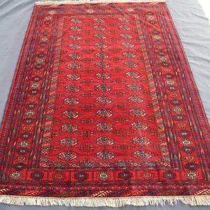 Vintage Rug 4&#39;4x6&#39;1 ft Mowri Turkmen Rug - Red Bokhara Rug - Geometric Area Rug - Afghan Hand Knotted Wool Rug - Tribal Turkmen Rug, Kitchen