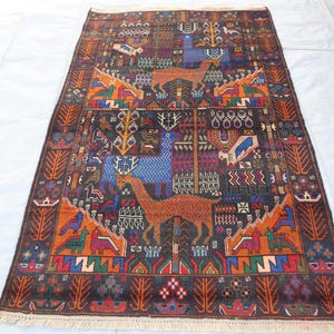 4x6 ft Antique Pictorial Rugs, One of a Kind Rug, Antique Hunting Scene Rug, Handmade Wool Rug, Baluchi Pictorial Rugs, Collector Piece Rug