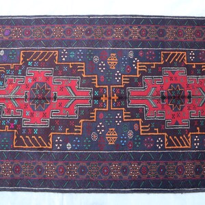 3&#39;5x5&#39;10 ft Afghan Vintage Rug, Baluchi Caucasian design Antique Rug, Handmade Wool Area Rug, Bedroom Rug, Living Room Rug, Oriental Red Rug