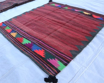 Sammler Stück 1,5x1,5 m Schwarz Blau Rot Afghanischer antiker Kelim Teppich, Handgefertigter Wollteppich Turkmenischer Stammesteppich