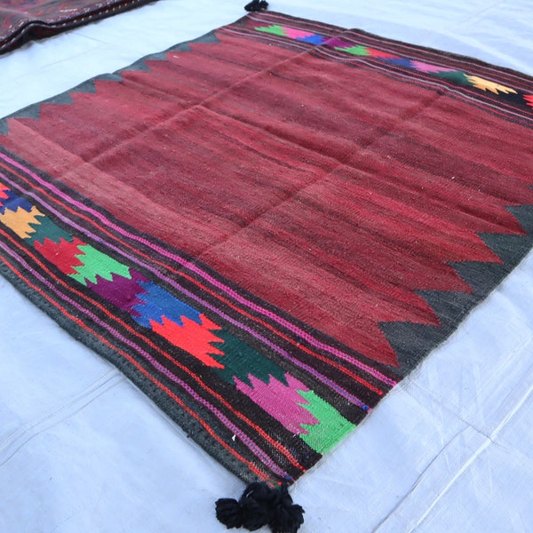 Collectors Piece 4'5x4'6 ft Black Blue Red Afghan Antique Flatweave Kilim Rug, Handmade Wool Area Rug Turkmen Tribal Rug, One of a Kind Rug