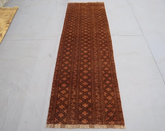 2'7x9'3 Antique Bukhara Runner Rug, Brown Terracotta Vintage Wool Rug, Afghan Handmade Oriental Rug, Turkmen Tribal Rug, Hallway Runner Rug