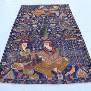 Stunning Vintage Afghan Pictorial Rug 4x7, Oriental Wool Wall Hanging Rug, Nomadic Balochi Rug, Wool Historical Rug, Handmade Home Decor Rug