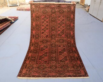 3x5 ft Terracotta 1900s Antique Rug/ Afghan Handmade Wool Rug/ Low Pile Distress Rug/ Turkmen Tribal Rug/ Vintage Medallion Rug/ Home Decor