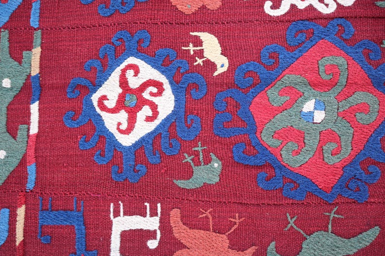 Arazzo Suzani da parete 5'1x5'7 Ft - Decorazione per soggiorno - Copritavolo Suzani ricamato, copriletto fatto a mano, arazzo da parete Suzani colorato immagine 14