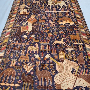 Large Navy Blue Pictorial Rug 4x7 Ft, COLLECTOR&#39;s Piece Handmade Pictorial Carpet, Historical Home Décor Rug, Oriental Rug, Vintage Rug 4x7