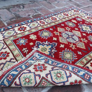 3x4 Geometric Rug/ Red beige Kazak Rug/ Afghan Hand Knotted Soft Wool Area Rug/ Tribal Kazak Rug/ Oriental Turkmen Rug/ Bedroom Entryway Rug