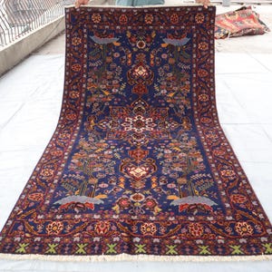 Handmade Rug 4x7 ft- Blue Baluchi Rug- Afghan Rug- Vintage Rug- Old Wool Rug Turkmen Tribal Rug- Geometric Blue Brown Rug- Living room Rug