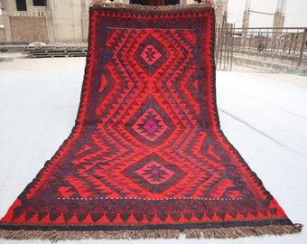 Tapis kilim antique - 3,3 x 6,5 pi Turkmen Ghalmoori Design Kilim - tapis rouge en laine fait main - tapis oriental afghan - décoration d'intérieur, tapis de chambre à coucher 3 x 7
