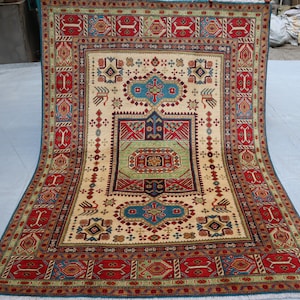 Beige Geometric Kazak Rug 5x7, Hand Knotted Turkmen oriental Rug, Caucasian Design Kazak Rug, Afghan Handmade Wool Rug, Dining table Carpet