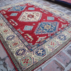 4.1x5.3 ft Red Kazak Area Rug, Natural Veg dyes Afghan Handmade Wool Oriental Rug, Geometric Design Rug, Kitchen Office Rug, Rug For Bedroom