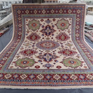 9x12 ft Beige Kazak Rug: Hand-Knotted Afghan Wool Geometric Carpet