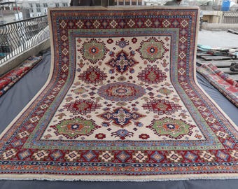 Beige Kazaks vloerkleed 9 x 12 ft Afghaans geometrisch oppervlak, 100% handgeknoopt wollen tapijt, zacht pooltapijt, tapijten voor woonkamer, vloerkleed slaapkamer
