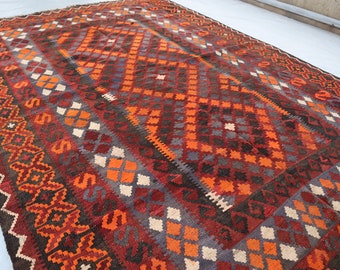 Tappeto afghano grande vintage Ghalmoori Kilim da 6x9 piedi / Tappeto geometrico a tessitura piatta fatto a mano / Tappeto turkmeno orientale / Soggiorno / Tappeto da tavolo da pranzo