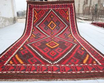 7'6x15'0 ft ヴィンテージキリムラグ、バーガンディオレンジアフガン