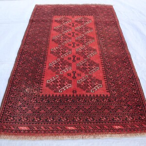 Tappeto antico turkmeno Tekke Ersari degli anni '90/ 3'5x5'6 piedi afghano annodato a mano in lana vintage in morbido pelo rosso/ Tappeto da soggiorno/ Camera da letto