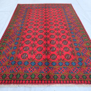 Afghan Vintage Rug 5x8 ft Red Turkmen Mowri Bukhara Handmade Wool Rug- Antique Oriental Large Rug- Bedroom- Living Room Carpet, Bedroom Rug