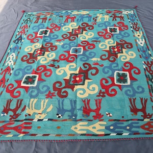 5&#39;2x5&#39;9 Geometric Antique Uzbek Suzani Wall Decor Textile, Pictorial Fabric Embroidered Rug, Hand Woven Flatweave Kilim, Dining Table Covers