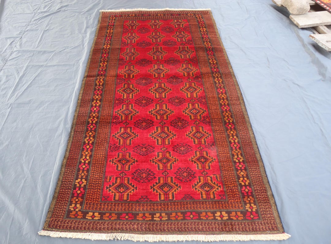 4x8 Ft Vintage Balochi Rug, Afghan Handmade Wool Rug, Turkmen Oriental ...