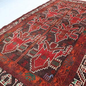 3&#39;9x6&#39;6 Antique Geometric Rug, Red Vintage Afghan Handmade Soft Pile Wool Baluchi Area Rug, Living Room Carpet, One of a kind Caucasian rug
