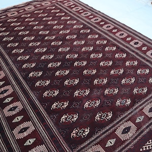 Large Vintage Bokhara Area Rug 8&#39;5x12&#39;6 ft Afghan Hand Knotted Wool Rug, Maroon Red Soft Pile Rug, Tribal Turkmen Rug, Rugs For Living Room