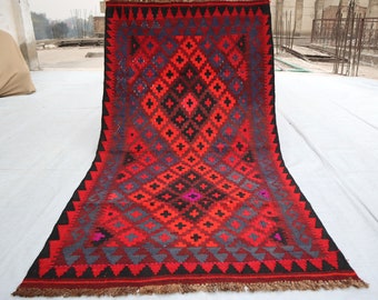 Afghanischer antiker Ghalmoori-Kelim-Teppich - 3,3 x 6,3 Fuß handgemachter grün-roter Teppich aus alter Wolle - traditioneller turkmenischer Flachgewebe-Teppich - Schlafzimmer- und Kinderzimmerteppich