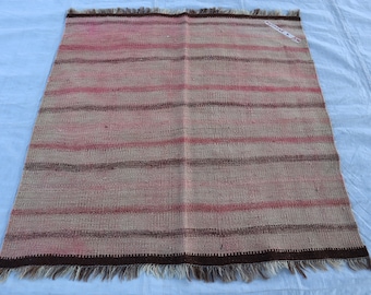 4x4 Faded Distressed Antique Square Rug, Afghan Handmade Kilim Wool Square Rug, Tribal Turkmen Rug, Handwoven Flatweave Vintage Area Carpet