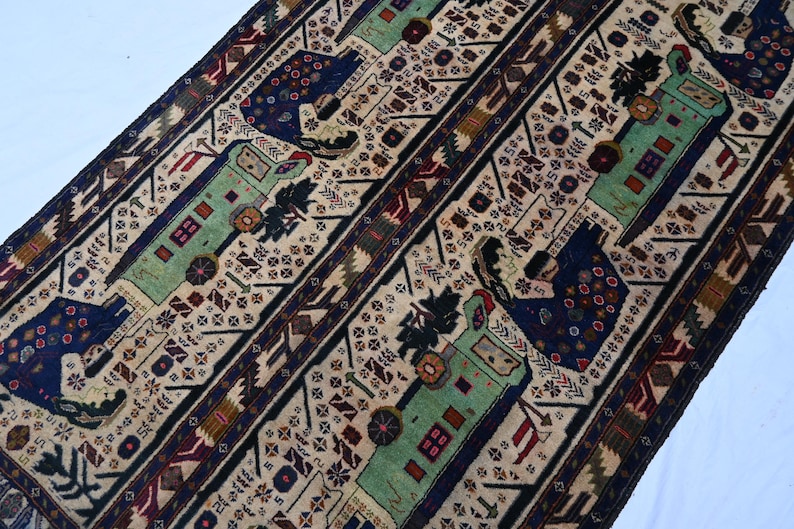 4x7 Ft Vintage Pictorial Car Rug, Hand Knotted Art Decor Carpet, 1950s ...