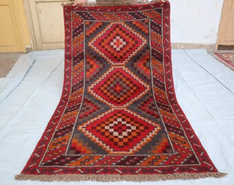 Tappeto antico Balochi, tappeto di lana fatto a mano 4 x 6 piedi, tappeto afgano con motivo geometrico, tappeto da collezione, tappeto orientale a pelo morbido, tappeto regalo di compleanno