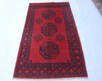 3'6x6'5 ft Antique Ersari Rug, Afghan Handmade Plush Wool Rug, Geometric Red Rug, Tribal Turkmen Rug, 107x193 cm Rug, Vintage Handmade Rug