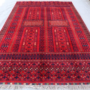 Vintage 6x8 ft Turkmen Tekke Parda Famous Hetchulu Ensi Rug/ Afghan Handmade Sof Pile Wool Rugs/ Red Oriental Area rug/ Bedroom Carpet 6x8