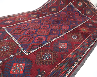 4x7'4フィートのヴィンテージアフガンバルーチラグ - 幾何学的な