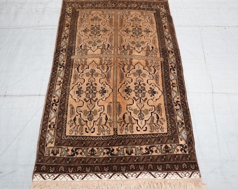 3x5 ft Terracotta Antique rug Afghan Handmade Vintage Wool rug/ Turkmen Tribal Bukhara Rug/ Kitchen Rug Hallway Rug/ Geometric Medallion Rug
