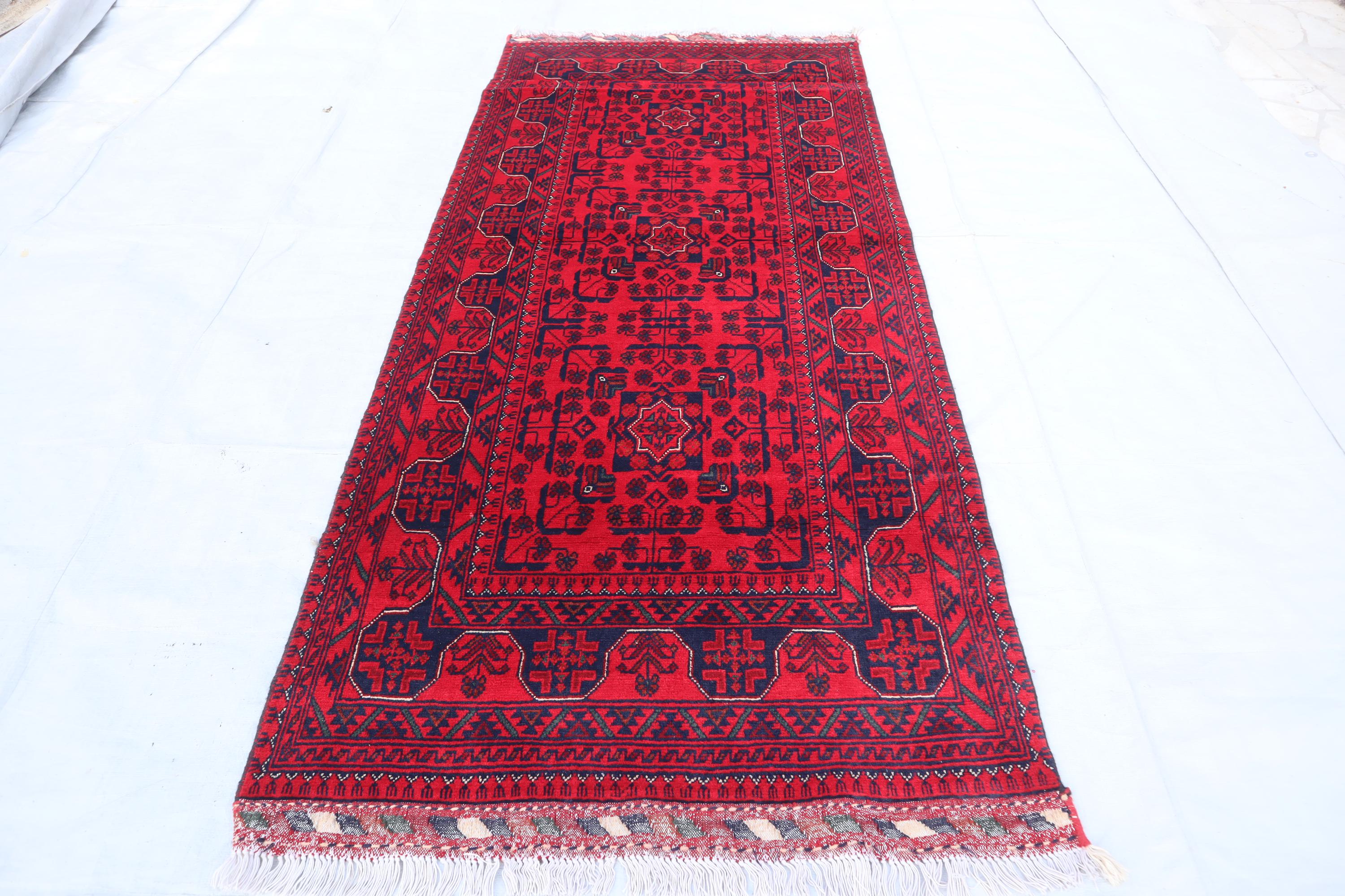 3x6 Ft Vintage Geometric Bukhara Rug, Turkmen Handmade Veg Dyes