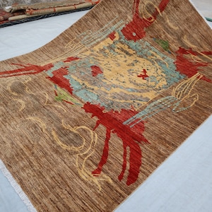 6x8 ft Art Gabbeh Rug, Afghan Handmade Wool Natural Veg dyes Oriental Rugs, Geometric Design, Rug for Bedroom, Living Room Dining Table Rugs