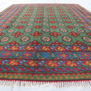 5x7 ft Vintage Green Bokhara Rug, Afghan Handmade Wool Rug, Turkmen Tribal Rug, High Pile Distressed Faded Vintage rug, 5x7 Bedroom Carpet
