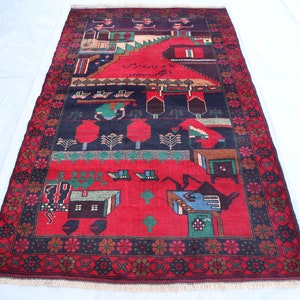 4x6 Vintage Pictorial rug/ Afghan Balochi Handmade Wool Rug/ City House Art décor Rug/ Oriental Turkmen Rug/ Kids Room Wall Hanging Carpet