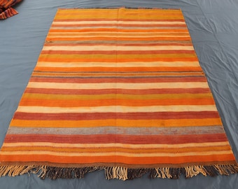 Alfombra Kilim Barjasta antigua, 1,5 x 1,8 m, rústica, color naranja y rojo, estilo bohemio, afgana, vintage, de lana suave, hecha a mano, para dormitorio.