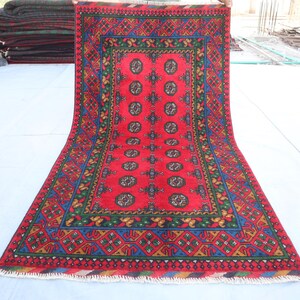 One of a Kind Red Bokhara Rug 3&#39;4x6&#39;5 ft Vintage Afghan Handmade Wool Rug, Organic Dyes Wool Rug, Turkmen Tribal Rug, Bohemian Home Deco Rug
